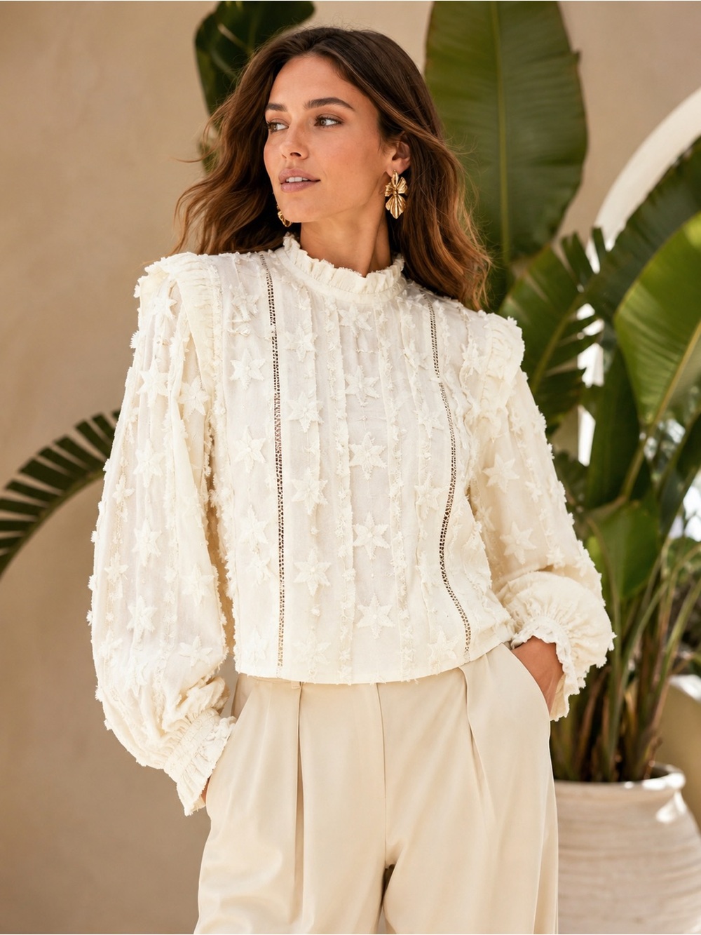 FARM Rio Cream Star-Textured Ruffled-Neck Blouse
